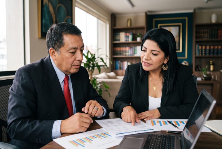Dr. Santos y Magali Valverde analizando estados financieros