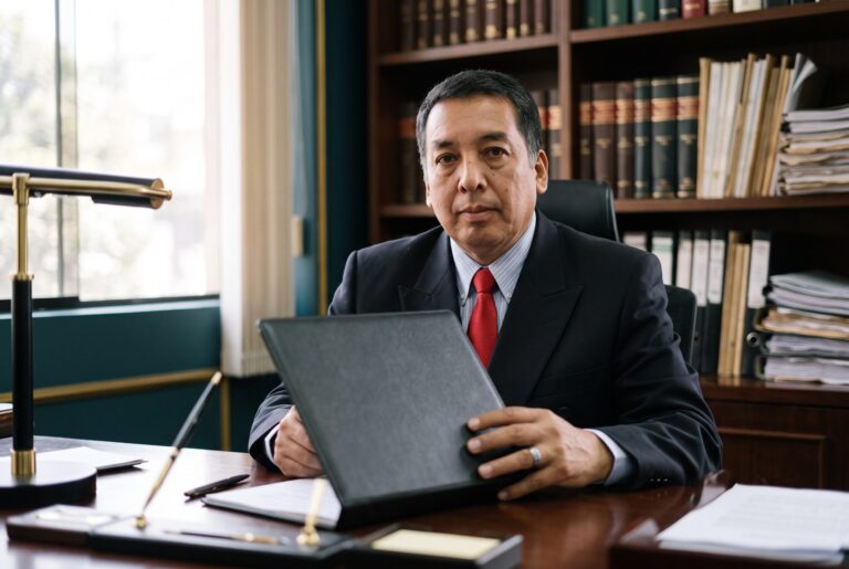 Dr. Santos con un expediente confidencial en su oficina