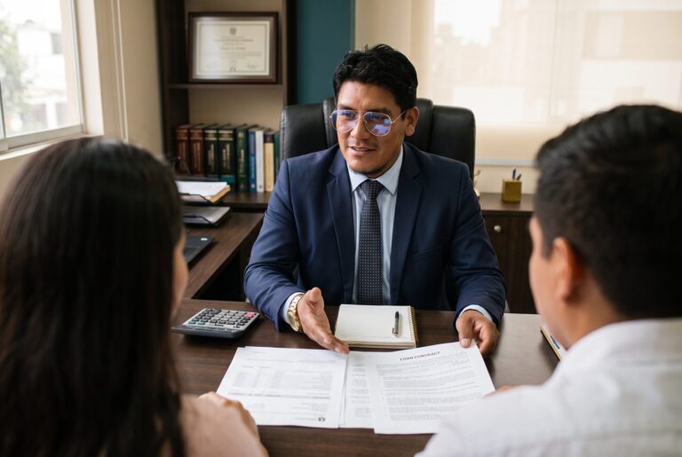 Dr. Valverde revisando estados de cuenta y un contrato de crédito con una pareja