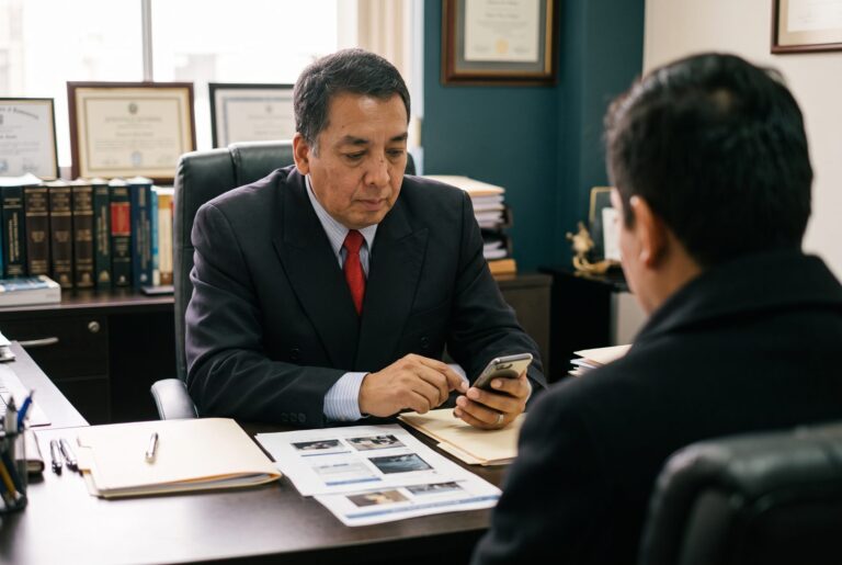 Dr. Santos revisando publicaciones en redes sociales con un cliente