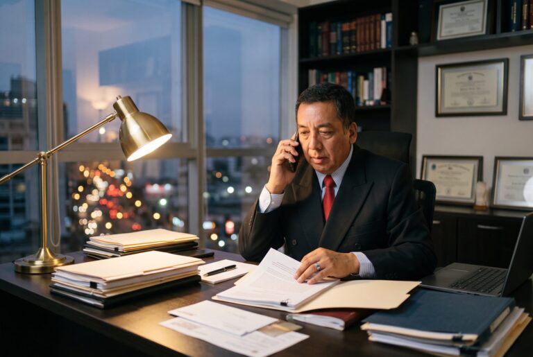 Dr. Santos atendiendo una llamada urgente mientras revisa un informe