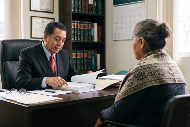 Dr. Santos revisando un expediente con la familiar de un cliente