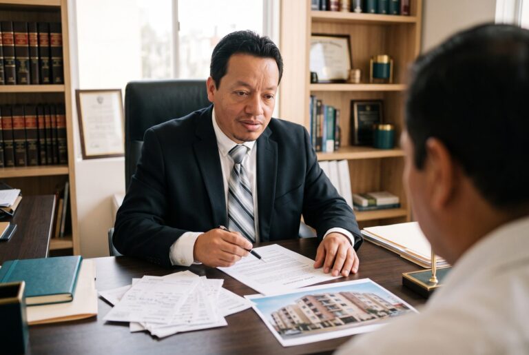 Dr. Vivanco revisando un contrato de alquiler y recibos impagos con un propietario