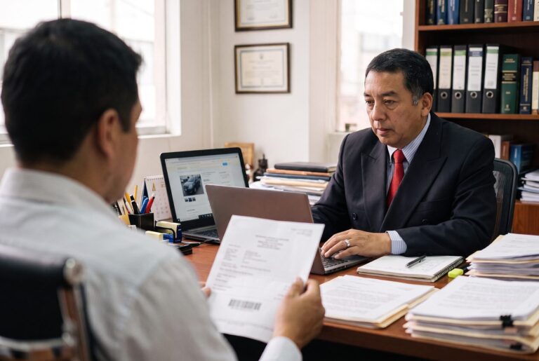 Dr. Santos revisando el anuncio de un auto y el comprobante de una transferencia con un cliente