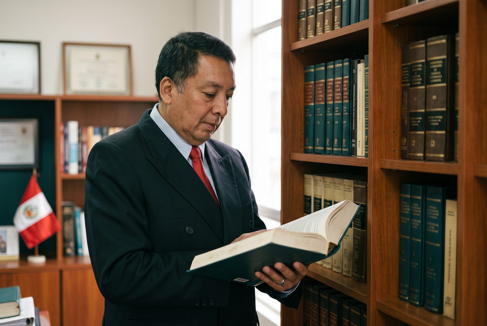 Dr. Santos, abogado penalista, consultando un código en la biblioteca del estudio