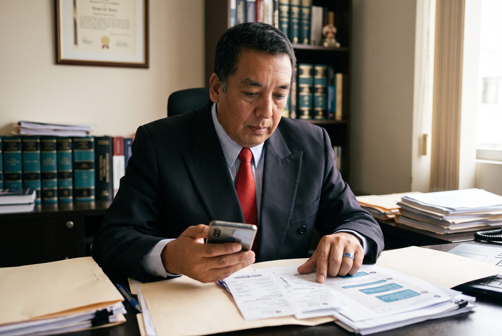 Dr. Santos revisando comprobantes de transferencias y conversaciones en un caso de estafa