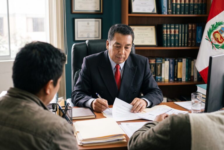 Dr. Santos revisando el contrato de trabajo y las boletas de un trabajador