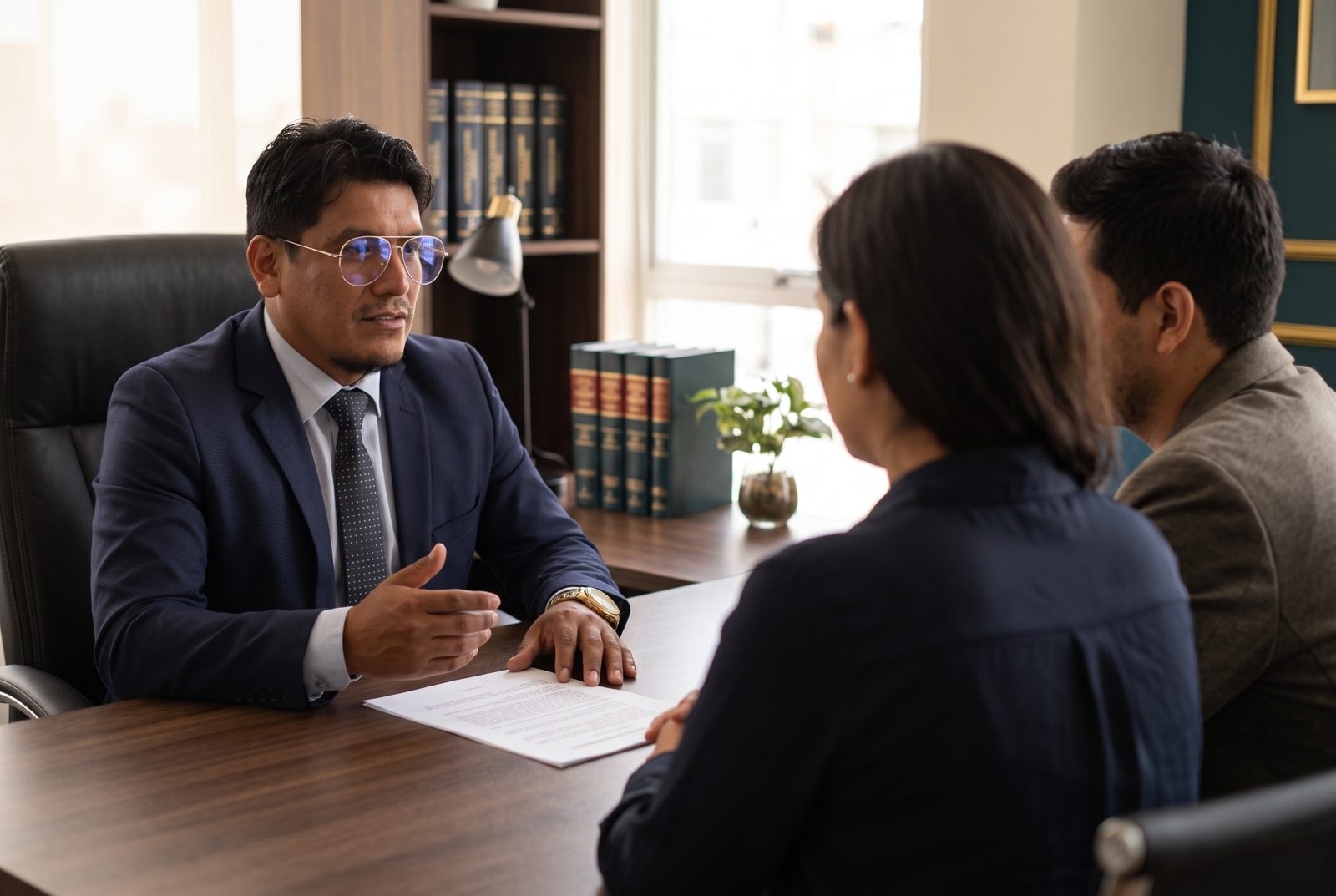 Dr. Valverde explicando un convenio de divorcio a una pareja