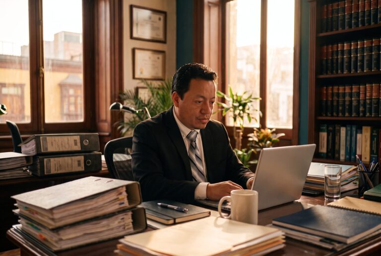 Dr. Vivanco preparando documentos para una contratación con el Estado