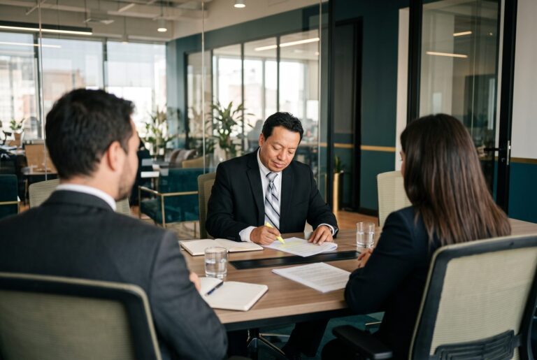 Dr. Vivanco revisando un contrato comercial con clientes empresariales