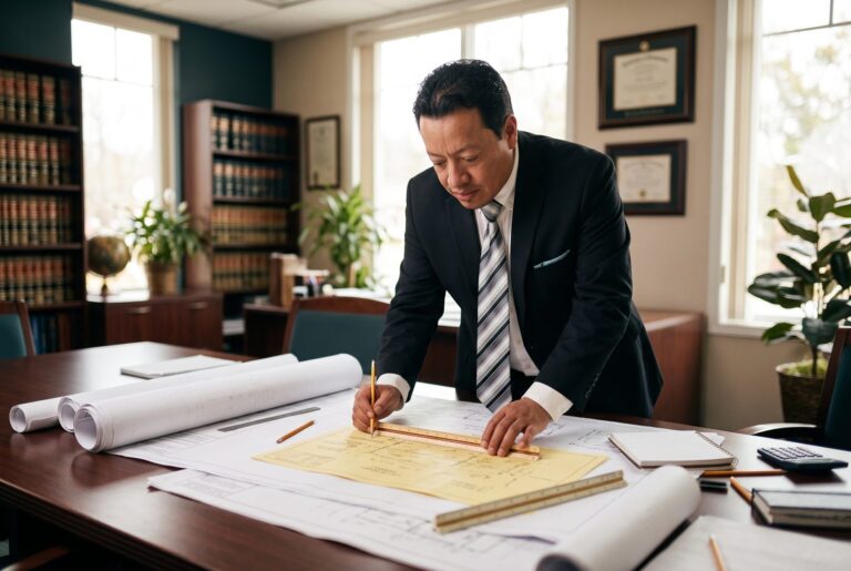Dr. Vivanco revisando los planos de un terreno