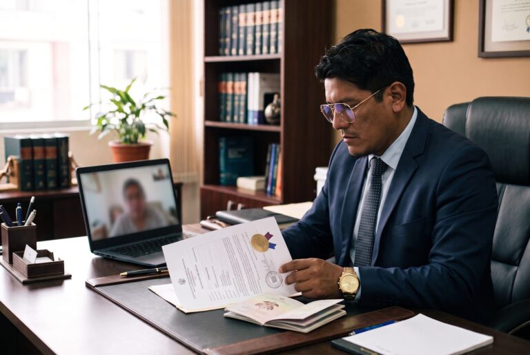 Dr. Valverde revisando una sentencia extranjera apostillada mientras atiende a un cliente por videollamada