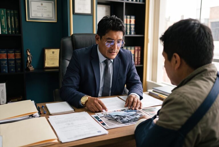 Dr. Valverde revisando informes médicos y fotos de un accidente con un cliente lesionado