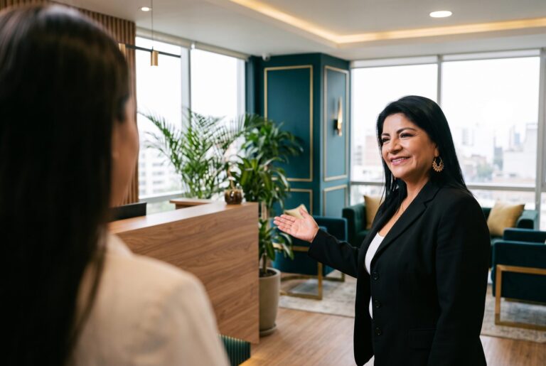 Magali Valverde recibiendo a un cliente en el estudio