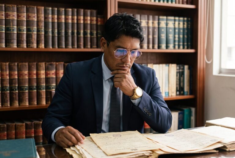 Dr. Valverde estudiando una partida de matrimonio y documentos del registro civil