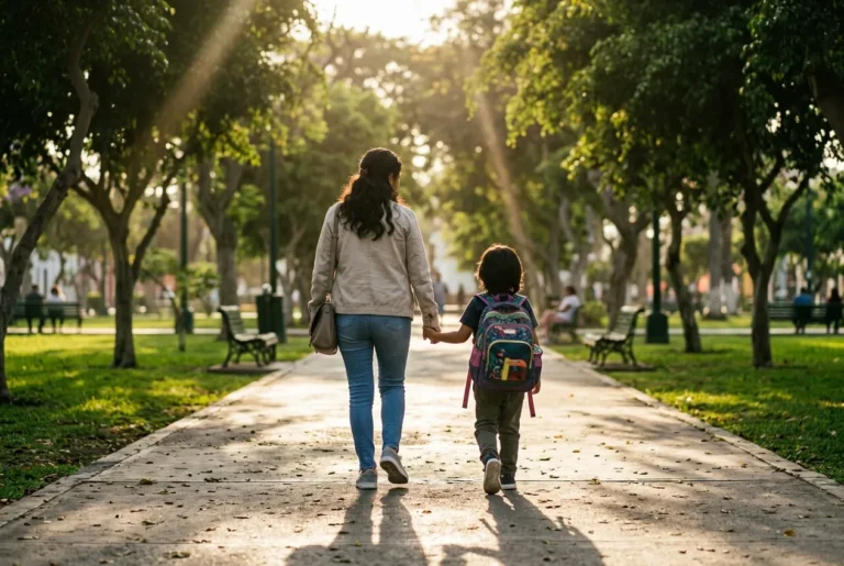 Madre e hija caminando de la mano en un parque de Lima