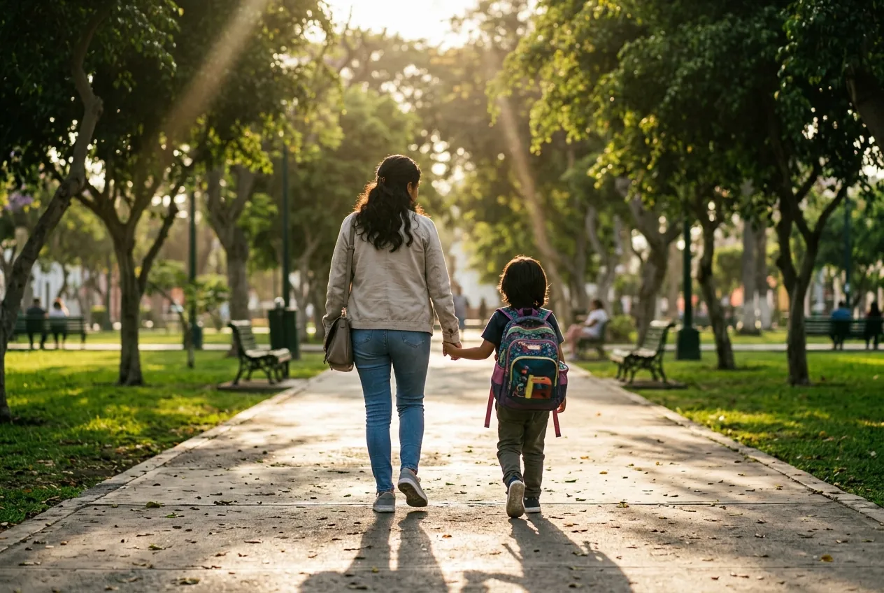 Madre e hija caminando de la mano en un parque de Lima