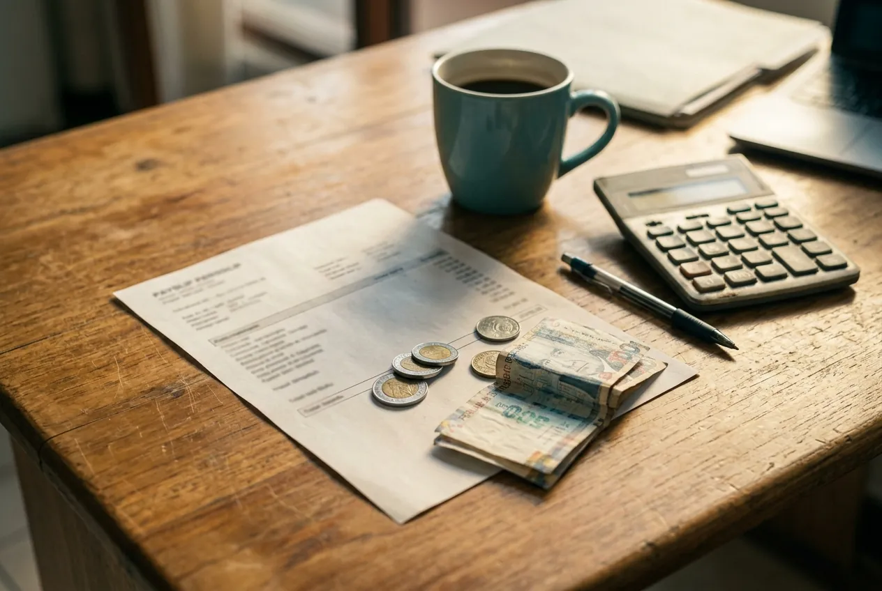 Calculadora, boleta de pago y monedas de soles sobre un escritorio