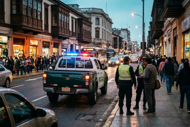 Patrullaje policial en una calle del centro de Lima al atardecer
