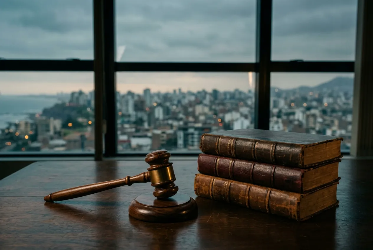 Mazo de juez y libros de derecho frente a la ciudad de Lima