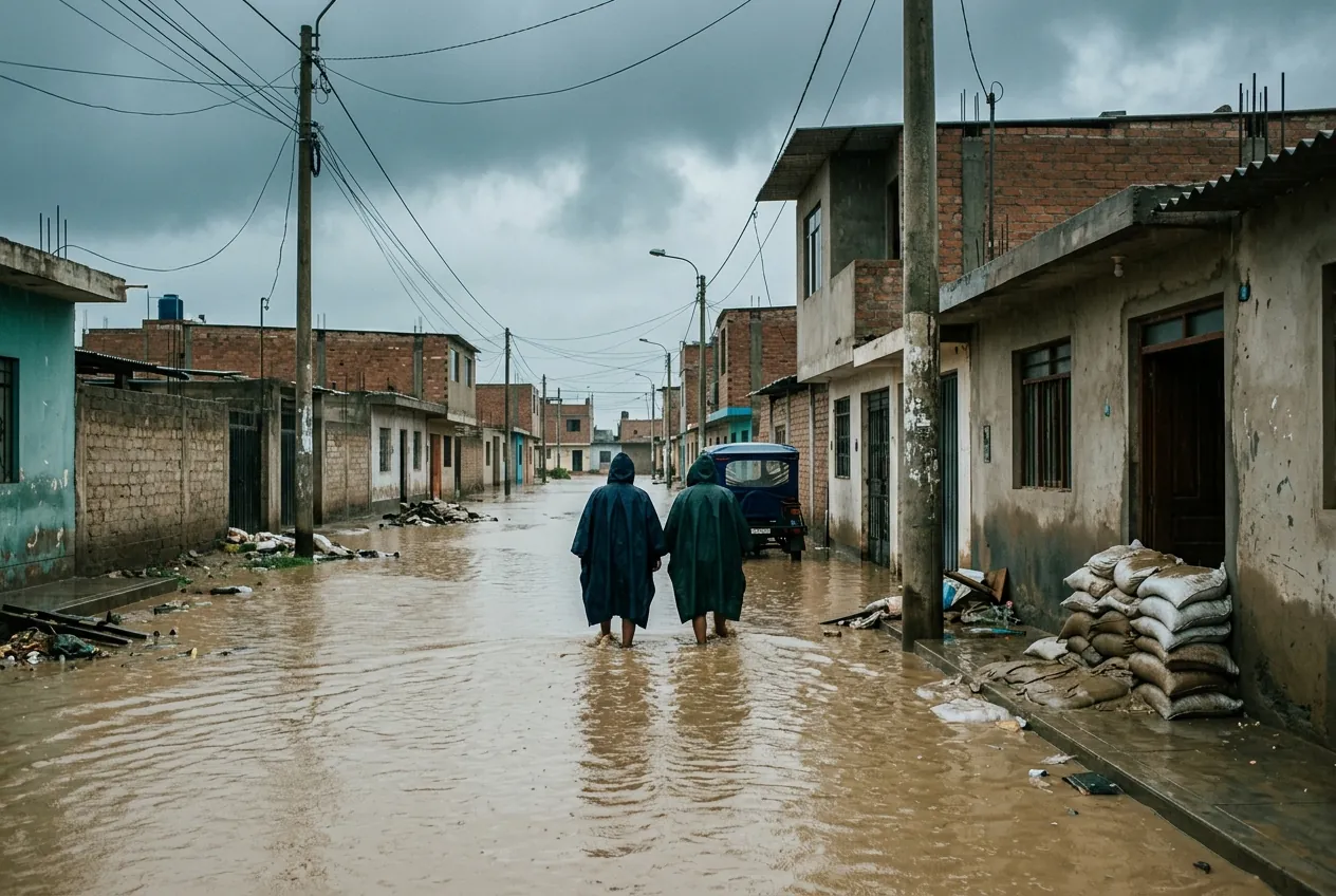 Calle inundada en una ciudad de la costa norte del Perú por las lluvias de El Niño