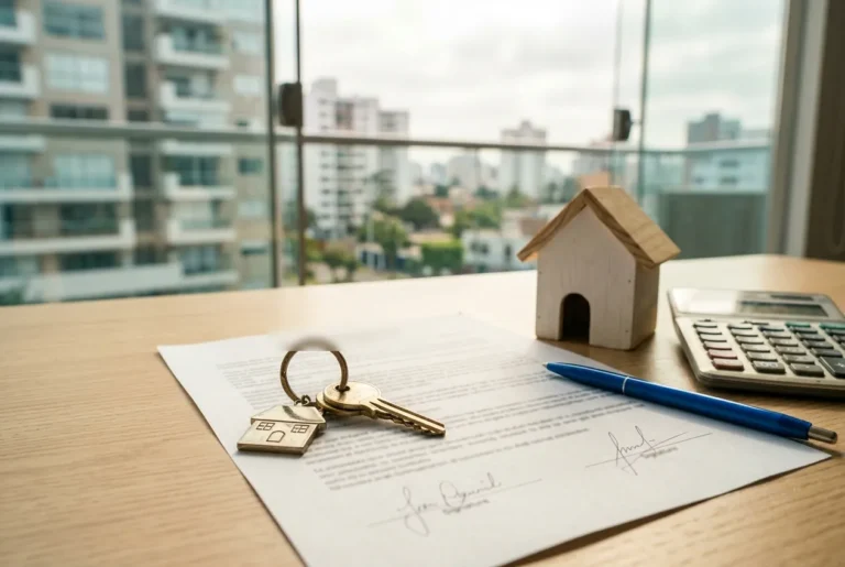 Llaves de casa sobre un contrato de compraventa junto a una maqueta de vivienda
