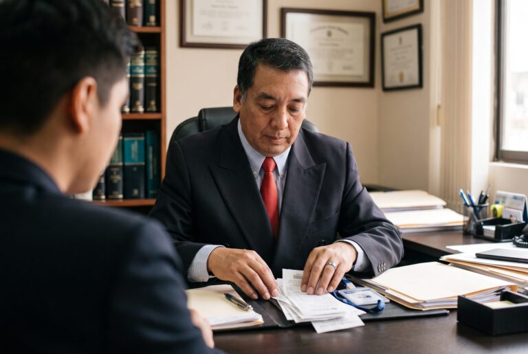 Dr. Santos revisando recibos por honorarios y el fotocheck de un trabajador