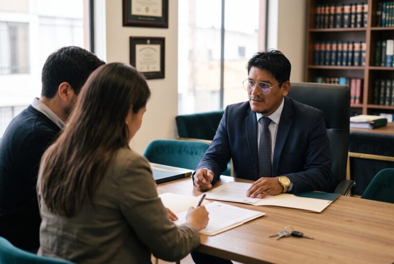 Dr. Valverde orientando a una pareja en la firma de un acuerdo de separación de patrimonios